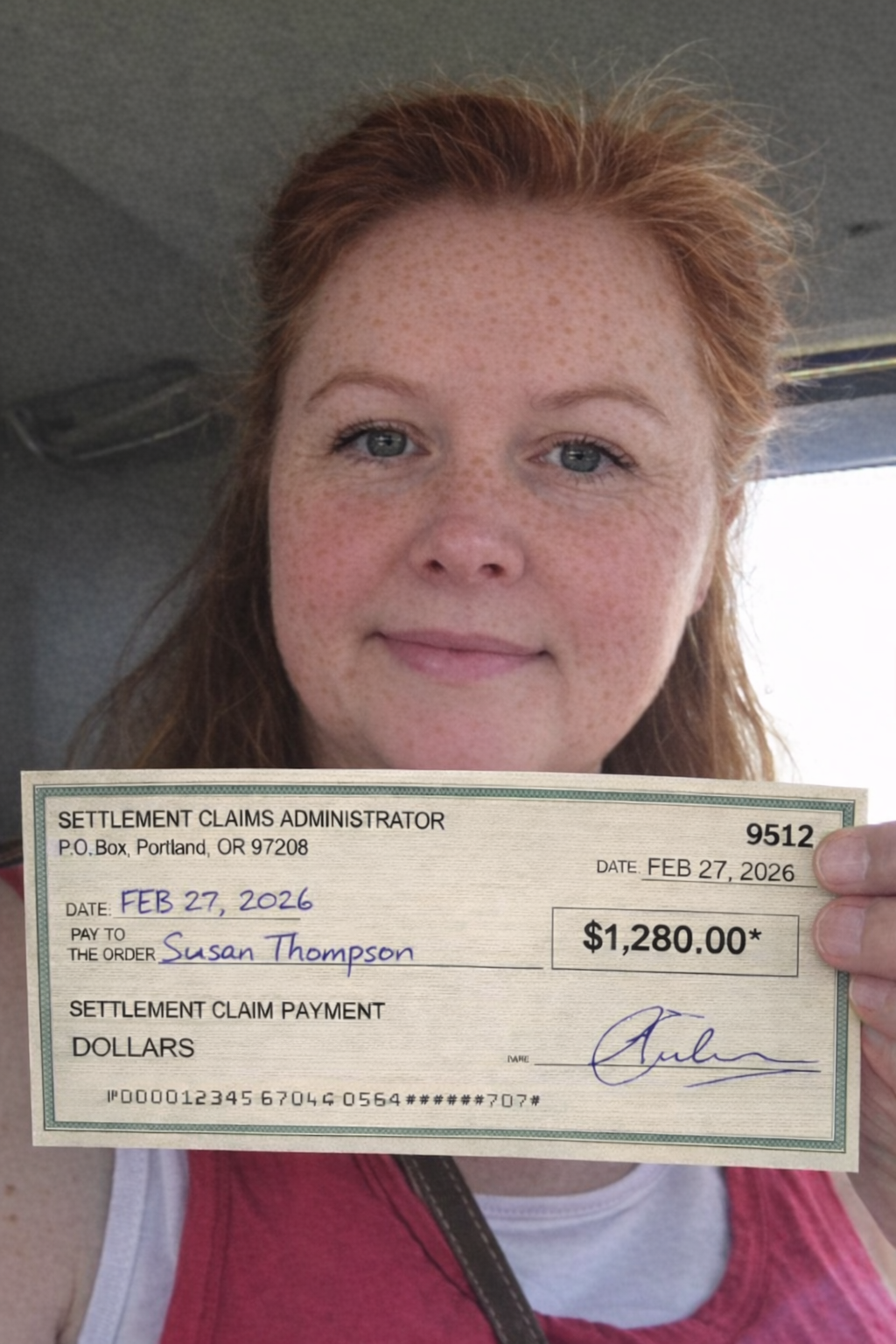 susan showing off her cheque